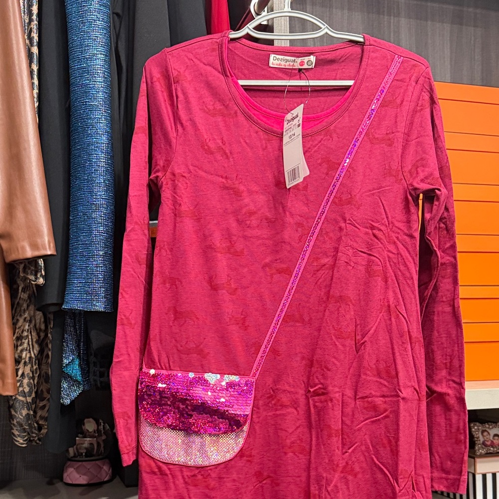 Desigual Fuchsia Dress with Glittery Bag Accent